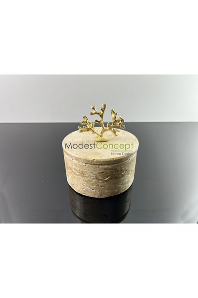 Modestmar وعاء من الرخام الطبيعي من الترافرتين، وعاء من الرخام مع غطاء إكسسوار مرجاني ذهبي، وعاء مزخرف، صندوق مجوهرات