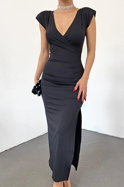 vuvutasarım Lycra Stretchy Diver Fabric Midi Length Double Breasted Collar Padded Slit Evening Dress 5031