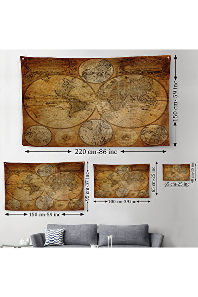 Harita Sepeti Duvar Örtüsü Eski Wintage Dünya Haritası Kaliteli Kanvas Duvar Halısı-4058