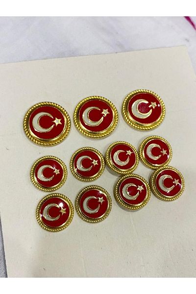 BALIM ÖRGÜ EVİ Blazer Jacket and Coat Button Set Metal Turkish Flag Patterned Yellow