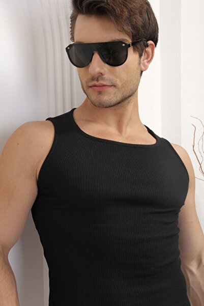 CATSPY Tricou negru cu nervuri Lycra pentru bărbați