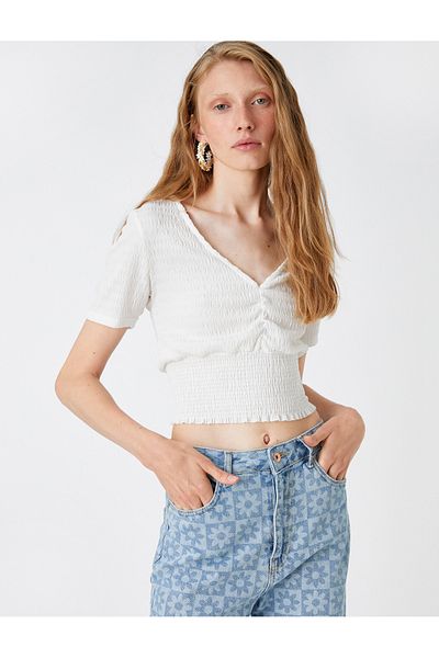 Koton Crop Blouse Gipe Detailed V-Neck