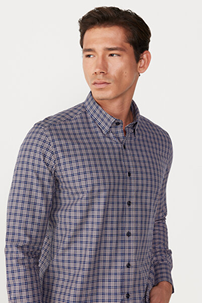 ALTINYILDIZ CLASSICS Ανδρικό πουκάμισο 100% βαμβακερό γιακά με κρυφό κουμπιά σε μπλε-μπεζ λεπτή εφαρμογή