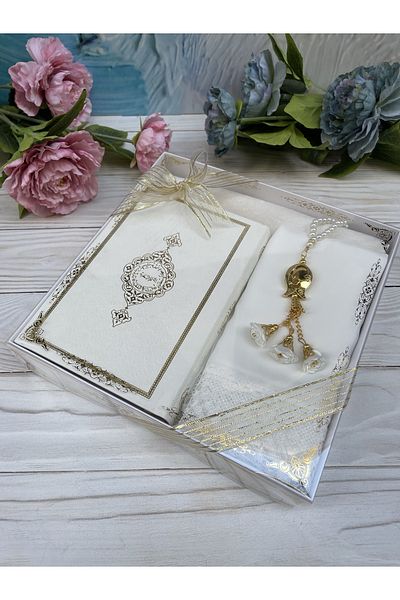 DuhaİslamiHediyelik Луксозен молитвен комплект, молитвен килим, молитвени броеници, шал, Коран, пакет за зестра, концепция за дома