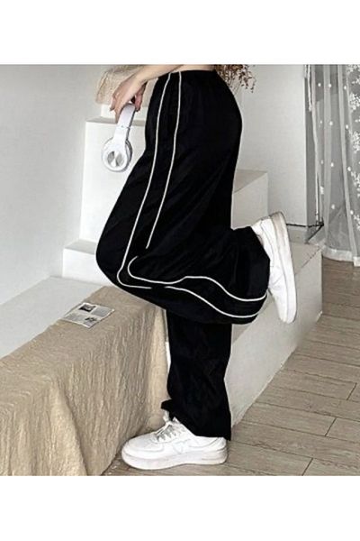 POALMODA Λεπτομέρεια με φερμουάρ Harajuku Μαύρο παντελόνι με ρίγες