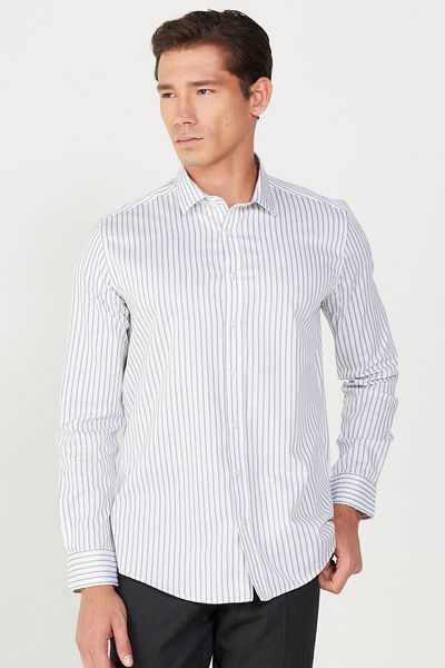 ALTINYILDIZ CLASSICS Мъжка бяло-зелена риза Slim Fit с класическа яка, 100% памучен райет