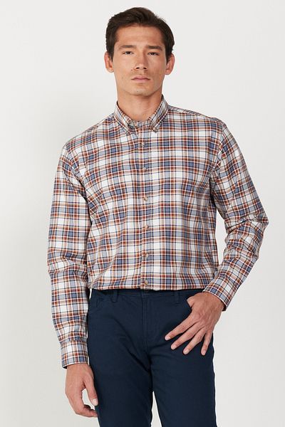 ALTINYILDIZ CLASSICS Ανδρικό μπεζ-ναυτικό πουκάμισο Comfort Fit με κουμπιά 100% βαμβακερό καρό πουκάμισο