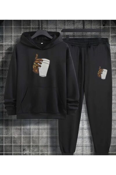 Serays moda Σετ παιδικές φόρμες με στάμπα Coffe Bardak με κουκούλα