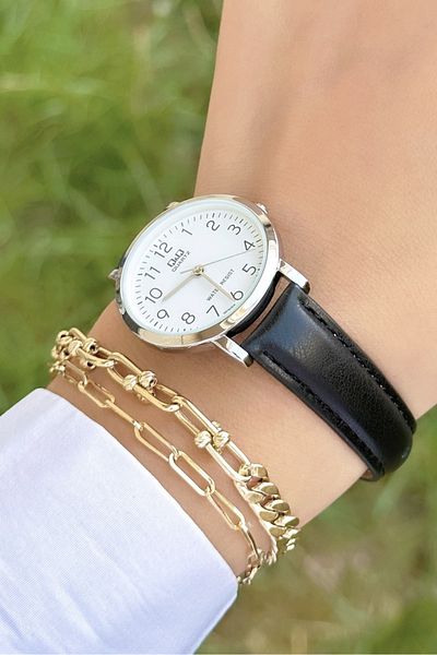 Q&Q Stylish Leather Corded Women's Wristwatch with Numbers
