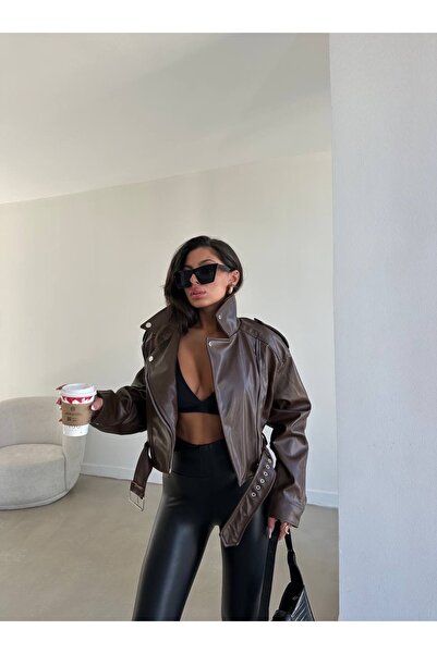 Ekim Store Kahverengi Biker Crop Deri Ceket