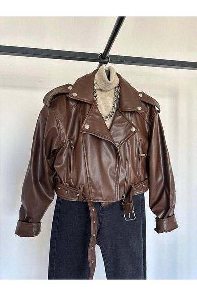 Ekim Store Καφέ Biker Crop Δερμάτινο Μπουφάν
