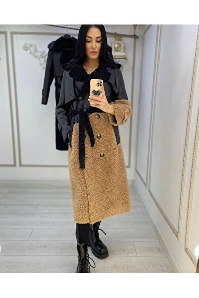 Azra Moda Style Palton din piele cu detalii de pluș pentru femei