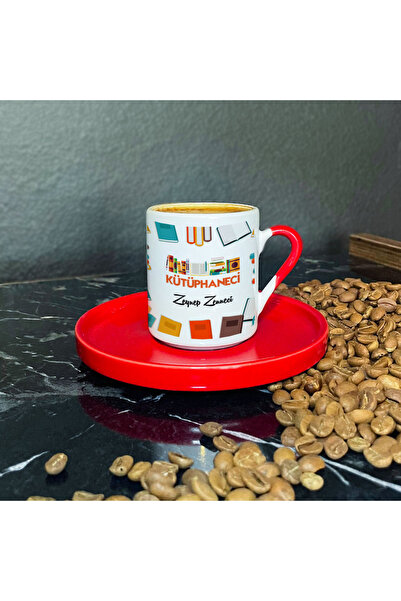 Hediyelen Kütüphaneci Kırmızı Türk Kahvesi Fincanı