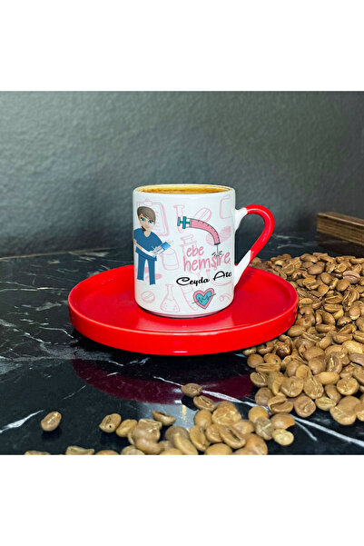 Hediyelen Ebe Hemşire Kırmızı Türk Kahvesi Fincanı