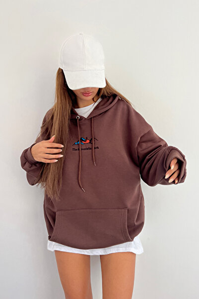 Sun Victoria Φούτερ Unisex Oversize Καφέ με κουκούλα με 3 νήματα με ράστερ κεντημένο χτενισμένο βαμβακερό φούτερ