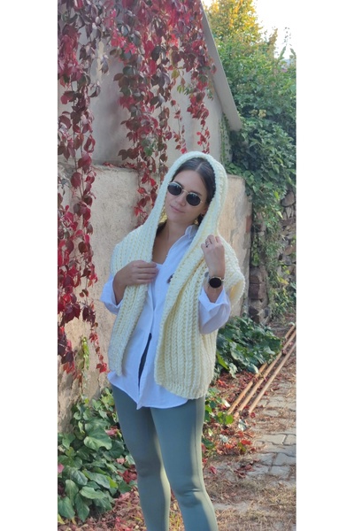 ORGANICMIRA Kadın Oversize Örgü Kapşonlu Yelek Cardigan Krem Rengi Sweat Süveter