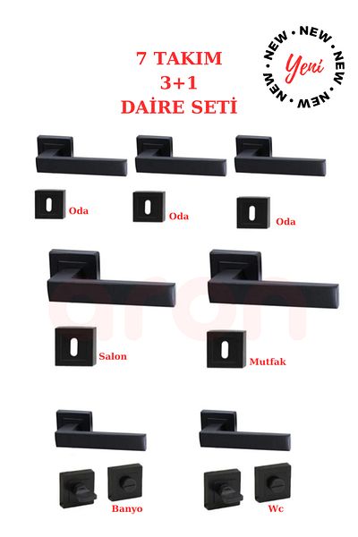 ARON (7 SETS) LAMA HANDLE MATT BLACK SQUARE BADGE 3+1 CIRCLE SET DOOR HANDLE ALUMINUM / STEEL