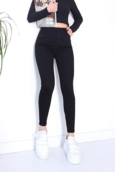 byhaziran butik Allyce Pantaloni negri cu talie înaltă, slim fit, cu picior s...