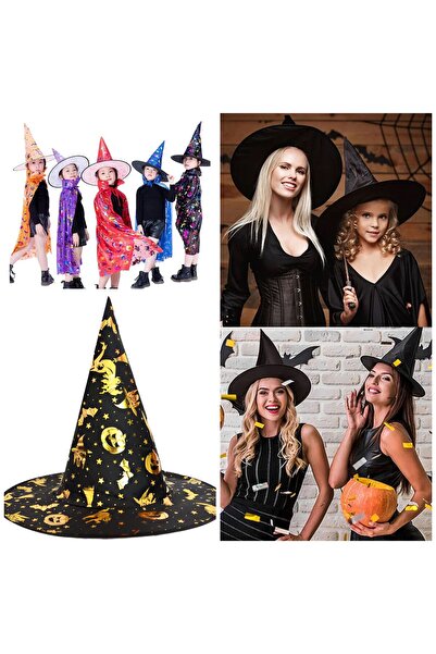 QUEEN AKSESUAR Imported luxury gold patterned black halloween party costume hat halloween witch adult children
