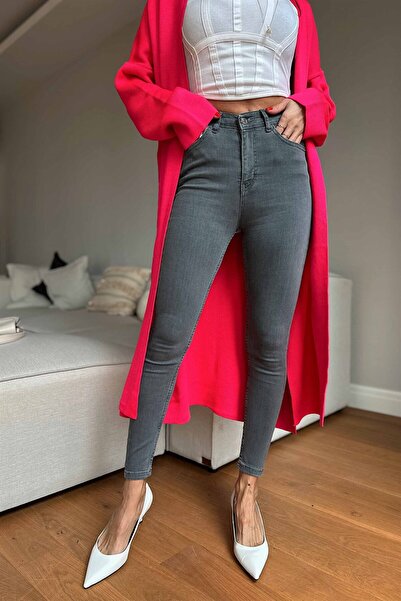 byhaziran butik بنطلون جينز سكيني من زيبكا، مقاس رمادي، ليكرا، عالي الخصر