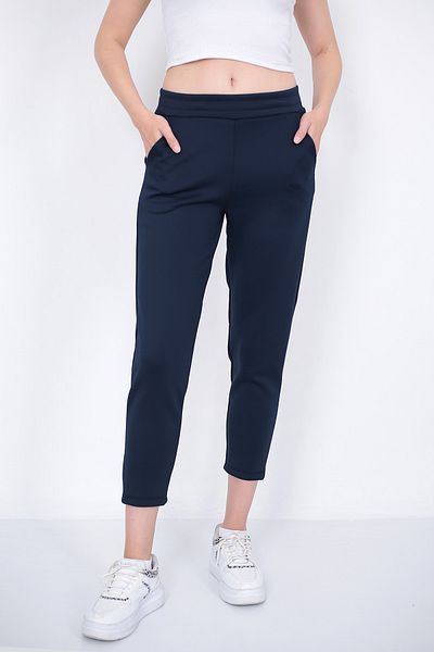 Lamirella Women's Navy Blue High Waist Carrot Cut Scuba Trousers