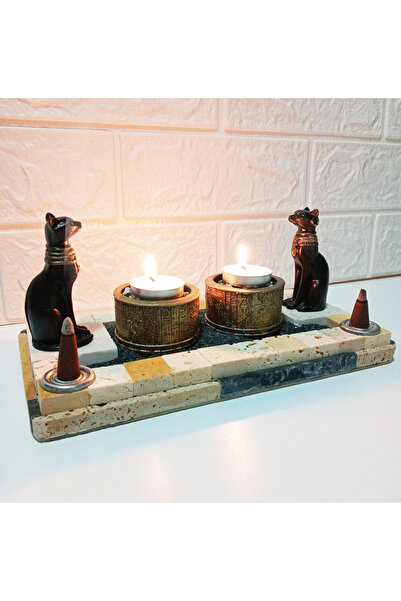 GÖKÇEN HOBİ Bastet Kedi Tanrıçası, Antik Mısır Hiyeroglif Mumluk Seti. Taş st...