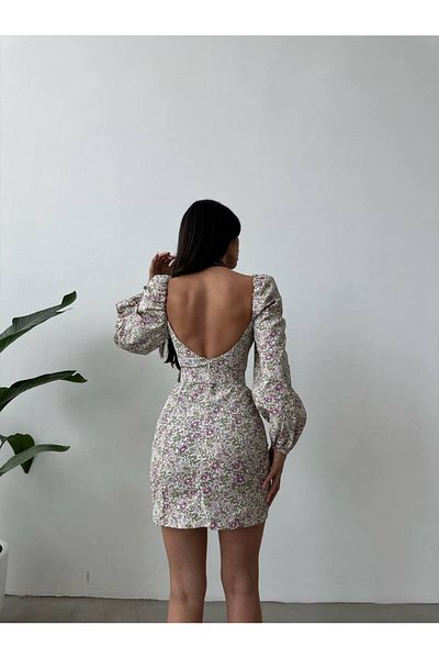 LB Laluna Butik Women's Backless, Sleeve Detailed Belted Dress