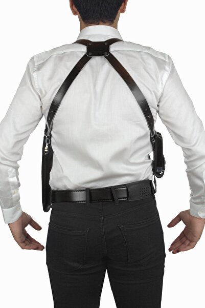 Polis Sepeti Universal Dik Desenli Deri Koltuk Altı Tabanca Kılıfı Çift Sarjrlüklü Siyah