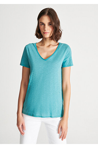Mavi V Yaka Basic Tişört Slim Fit / Dar Kesim 168260-30735
