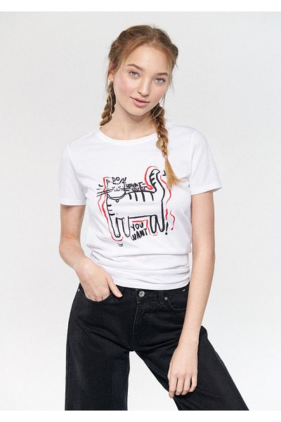 Mavi Tricou alb imprimat cu pisici, cu croială normală / croială normală 1611293-620