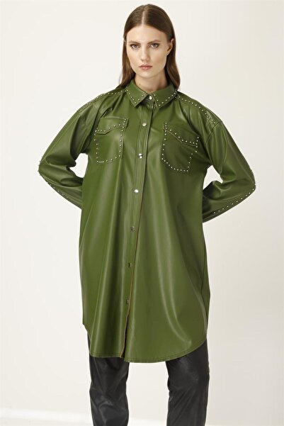 MÜSEMMA Müsemma Plus Size Faux Leather Fabric Zeynep Shirt 24KGML-MUS0003