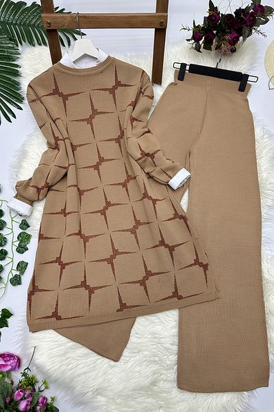 MODAQU Elegance Glittered Hijab Knitwear Set - Camel