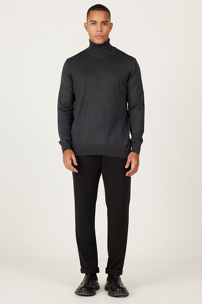 ALTINYILDIZ CLASSICS Anthrazit-melangefarbener Herren-Strickpullover aus Wolle mit Standard-Passform und normaler Passform