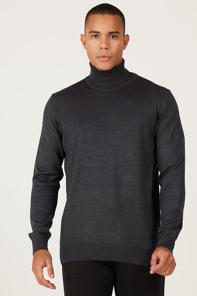 ALTINYILDIZ CLASSICS Anthrazit-melangefarbener Herren-Strickpullover aus Wolle mit Standard-Passform und normaler Passform