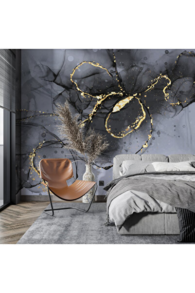 Plustablo Doğal Mermer Gri Altın Görünümlü Duvar Kağıdı, Soyut Trend Duvar Ka...