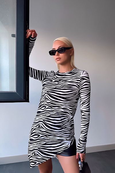 LACHT Women's Asymmetric Cut Ecru Zebra Tunic Viscose Blouse