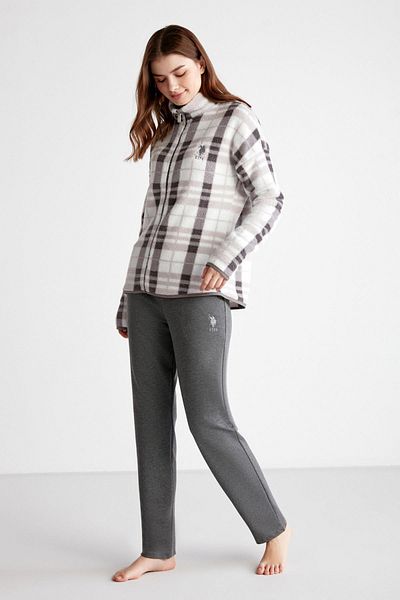 U.S. Polo Assn. Top 100% polar carouri cu fermoar partea inferioară buzunar de culoare uni și set de pijamale de iarnă din bumbac