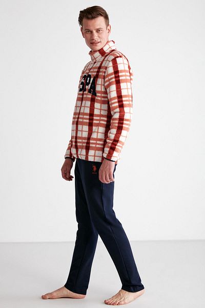 U.S. Polo Assn. Τοπ 100% Fleece ζιβάγκο με μισό φερμουάρ, κάτω βαμβακερή τσέπη στο κάτω μέρος και μονόχρωμο σετ χειμωνιάτικων ανδρικών πιτζάμες