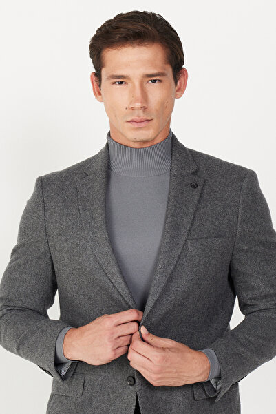 ALTINYILDIZ CLASSICS Men's Anthracite-Grey Comfort Fit Relaxed Fit Mono Collar Print Woolen Jacket