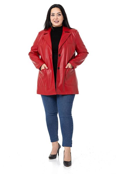 DISENTIS MODEST Large Size Bag Pocket Buttoned Lined Red Faux Leather Jacket