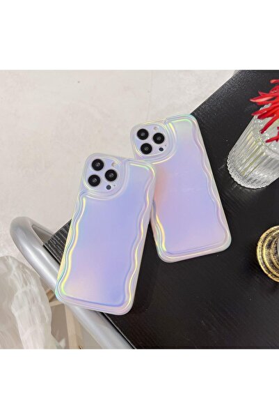 HyperAge iPhone 14 Pro Max Uyumlu Hologram Kılıf Zigzaglı Puffer Renk Geçişli Darbeye Dayanıklı Silikon Kapak