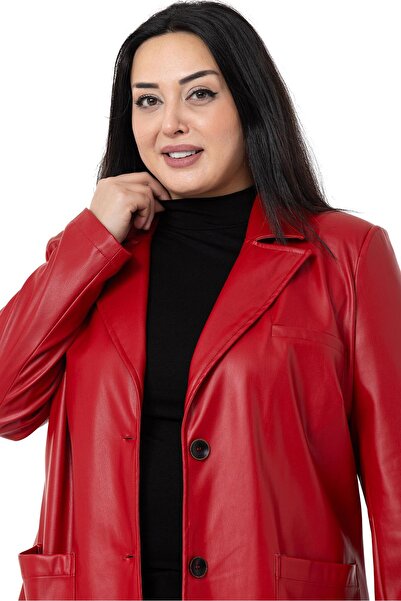 DISENTIS MODEST Large Size Bag Pocket Buttoned Lined Red Faux Leather Jacket