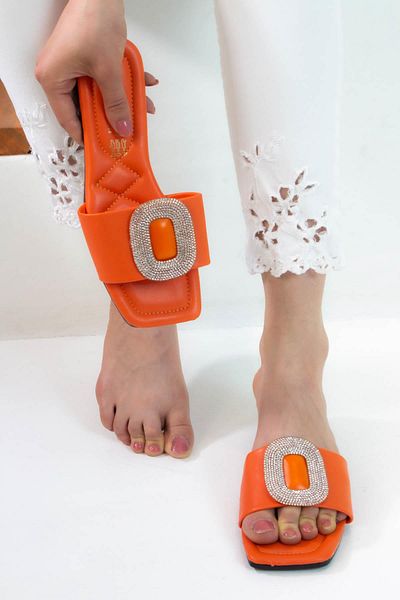 sermoda Orange Brooch Silicone Stoned Flat Sole Women's Summer Slippers