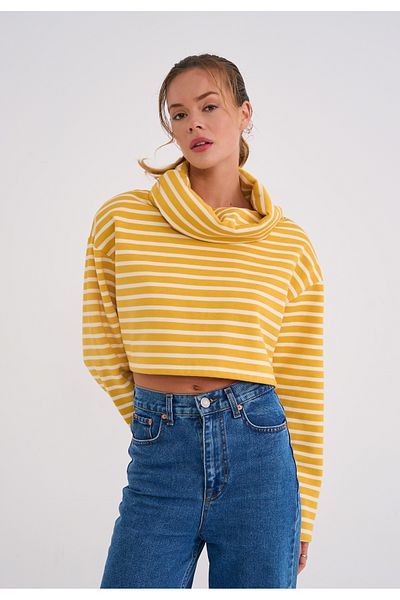La Sarta Stripe Lover Women's Mustard White Turtleneck Striped Crop Sweat