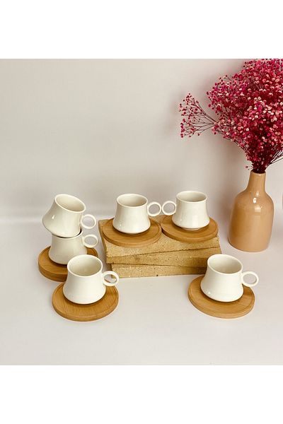 ELZEY HOME Bamboo Base Porcelain 6-Piece Coffee Cup Set