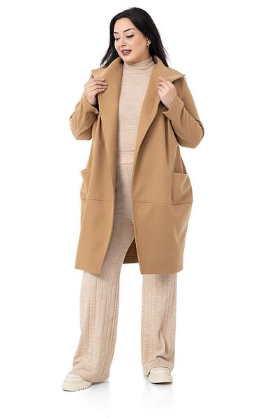 DISENTIS MODEST Plus Size Collar Detailed Stamped Unlined Camel Coat