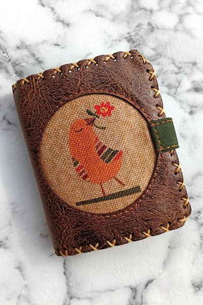 Fildişi Aksesuar Handmade Women's Wallet Vegan Leather Dark Brown Color with Floral Bird Image