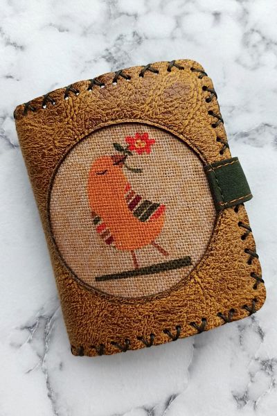 Fildişi Aksesuar Handmade Women's Wallet - Vegan Leather, Mustard Color with Floral Bird Image