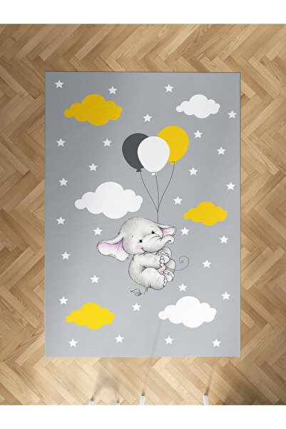 MEKTA HOME BEBEK VE ÇOCUK ODASI Tatlı Fil ve 3 Balon Desenli Halı