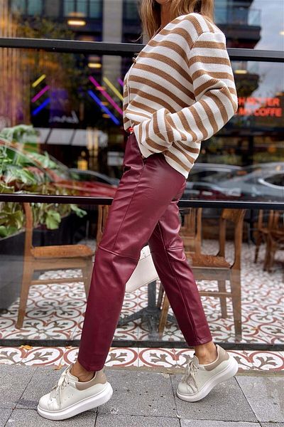 OXEDCO Waist Lace Knee Seam Detail Leather Trousers